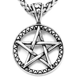 Warvik Wiccan Pentagram Carved Pattern Medallion Necklace Rune Silver Color, Stainless Steel Jewelry Men Women Wheat Chain 20/28 Inch