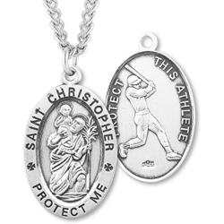 Heartland Mens Sterling Silver Oval Saint Christopher Baseball Medal + USA Made + Chain Choice