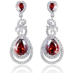 EVER FAITH Flawless Zircon Birthstone Dual Leaves Rings Teardrop Wedding Dangle Earrings Silver-Tone