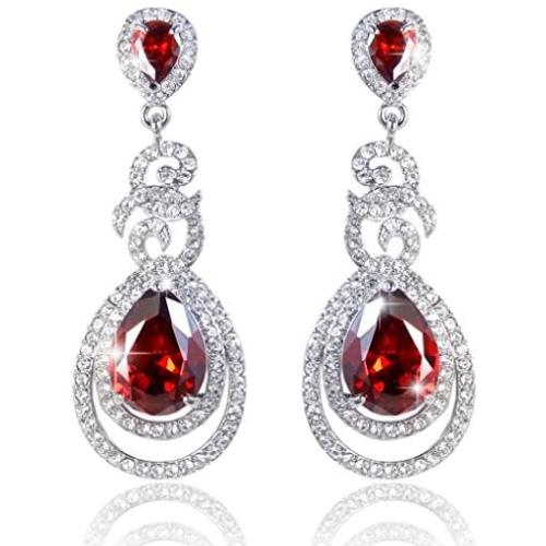 EVER FAITH Flawless Zircon Birthstone Dual Leaves Rings Teardrop Wedding Dangle Earrings Silver-Tone