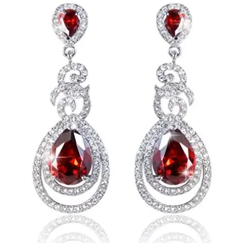 EVER FAITH Flawless Zircon Birthstone Dual Leaves Rings Teardrop Wedding Dangle Earrings Silver-Tone