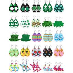 25 Pairs St Patricks Day Easter Faux Leather Earrings Set Teardrop Clover Green Hat Easter Egg Dangle Earrings for Women Girls