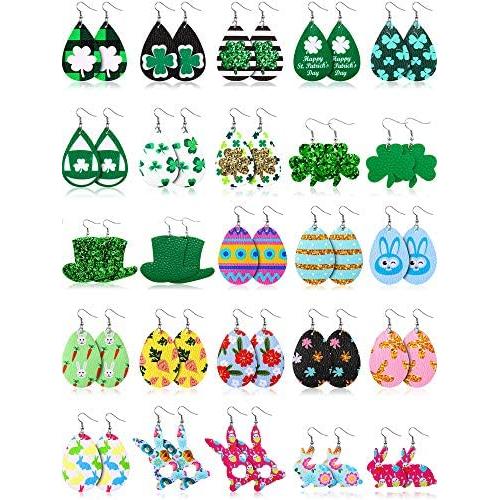25 Pairs St Patricks Day Easter Faux Leather Earrings Set Teardrop Clover Green Hat Easter Egg Dangle Earrings for Women Girls