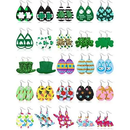 25 Pairs St Patricks Day Easter Faux Leather Earrings Set Teardrop Clover Green Hat Easter Egg Dangle Earrings for Women Girls 25 Pairs St Patricks Day Easter Faux Leather Earrings Set Teardrop Clover Green Hat Easter Egg Dangle Earrings for Women Girls