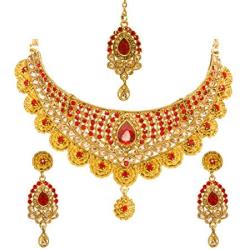 Bindhani Womens Indian Jewelry Simple Bridal Bridemaids Party Wear Crafted Brides Gold Plated Kundan Polki Red Choker Necklace Earrings Tikka Fashion Bollywood Style Jewellery Set for Wedding