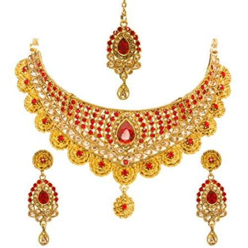 Bindhani Womens Indian Jewelry Simple Bridal Bridemaids Party Wear Crafted Brides Gold Plated Kundan Polki Red Choker Necklace Earrings Tikka Fashion Bollywood Style Jewellery Set for Wedding