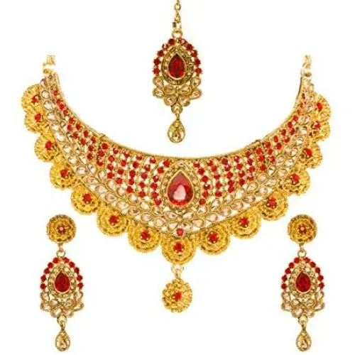 Bindhani Womens Indian Jewelry Simple Bridal Bridemaids Party Wear Crafted Brides Gold Plated Kundan Polki Red Choker Necklace Earrings Tikka Fashion Bollywood Style Jewellery Set for Wedding