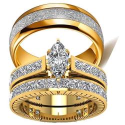 wedding ring set Two Rings His Hers Couples Rings Womens 10k Yellow Gold Filled White CZ Wedding Engagement Ring Bridal Sets & Mens Titanium Wedding Band