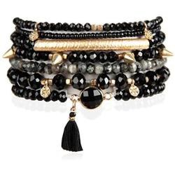 RIAH FASHION Bohemian Beaded Multi Layer Versatile Statement Bracelets - Stackable Stretch Strand Cuff Bangles Sparkly Crystal, Natural Stone, Wood Bead