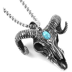 HZMAN Mens Turquoise Goat Head Skull Stainlss Steel Pendant Indian Tribe Necklace