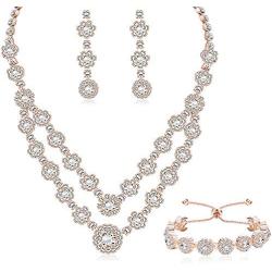 LOYALLOOK Rose Gold Silver Tone Bridal Crystal Bridal Jewelry Set for Women 2-Row Rhinestone Necklace Earrings Bracelet Set Prom Wedding Fashion Jewelry