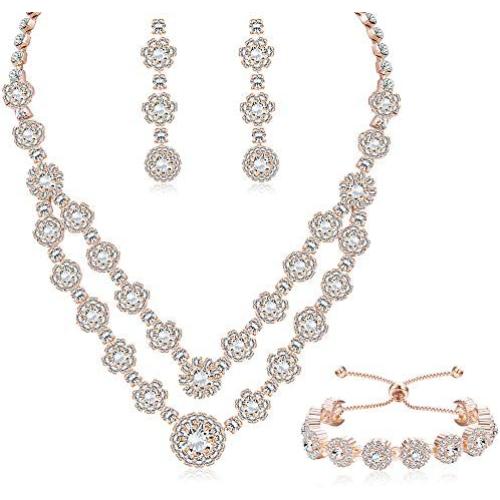 LOYALLOOK Rose Gold Silver Tone Bridal Crystal Bridal Jewelry Set for Women 2-Row Rhinestone Necklace Earrings Bracelet Set Prom Wedding Fashion Jewelry