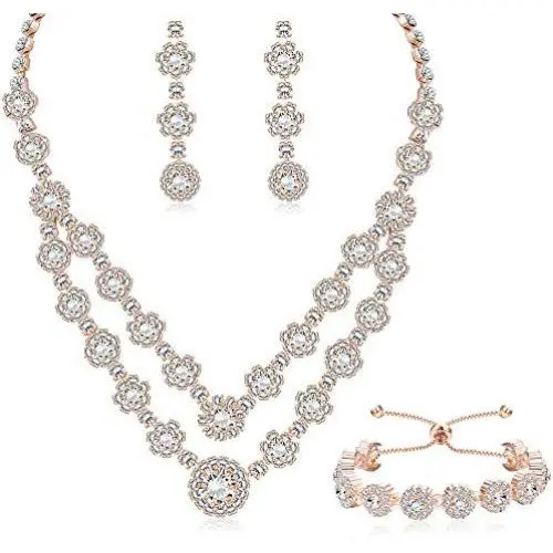 LOYALLOOK Rose Gold Silver Tone Bridal Crystal Bridal Jewelry Set for Women 2-Row Rhinestone Necklace Earrings Bracelet Set Prom Wedding Fashion Jewelry LOYALLOOK Rose Gold Silver Tone Bridal Crystal Bridal Jewelry Set for Women 2-Row Rhinestone Necklace Earrings Bracelet Set Prom Wedding Fashion Jewelry