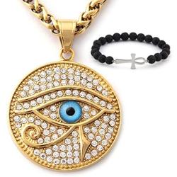 GUNGNEER Goldtone Round Pendant Eye of Horus Necklace Symbol of Protection Egyptian Pharaoh Stainless Steel Jewelry