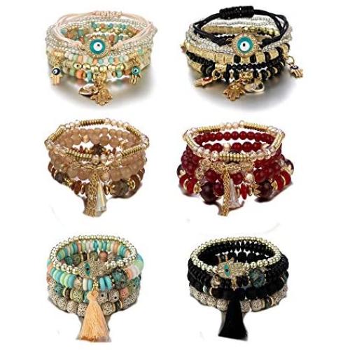 6 Sets Bohemian Stackable Seed Beaded Bracelets Set Multilayer Stretch Boho Tassel Pendant Bracelets Evil Eye Hamsa Hand Charm Statement Vintage Lucky Jewelry for Women Girls Gifts