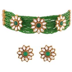 I Jewels Indian Bollywood18K Gold Plated Light Weighted Beaded Floral Choker Jewelry Set Encased with Faux Kundan Along with Earrings for Women (ML228G)