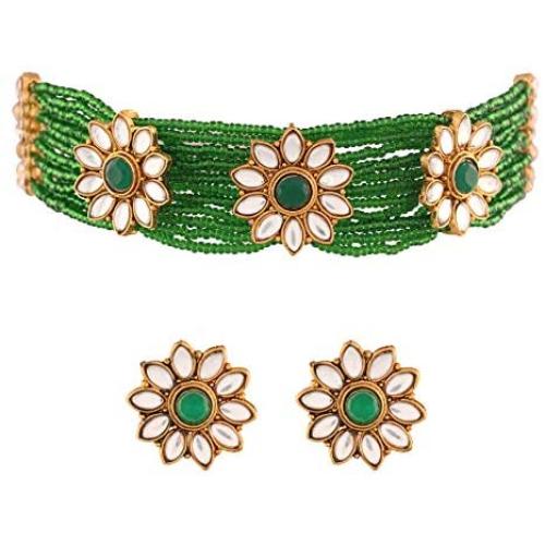 I Jewels Indian Bollywood18K Gold Plated Light Weighted Beaded Floral Choker Jewelry Set Encased with Faux Kundan Along with Earrings for Women (ML228G)