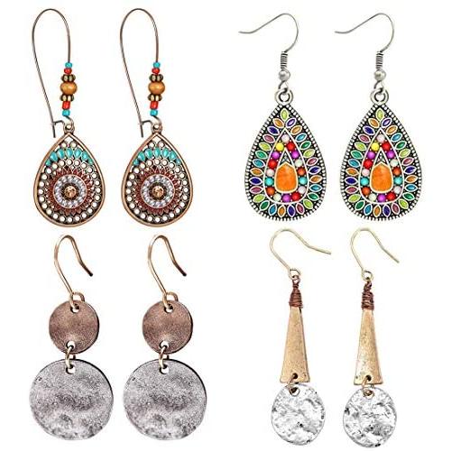 4 Pairs Bohemian Vintage Dangle Earrings Retro Rhinestone Earrings Boho Geometric Copper Wire Dangle Drop Earrings for Women Girls