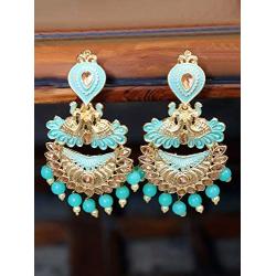 Crunchy Fashion Bollywood Jewellery Traditional Ethnic Bridal Bride Wedding Bridesmaid Torquoise Green Meenakari/Hand Painted Chandbaali Indian Earrings Jewelry For Women
