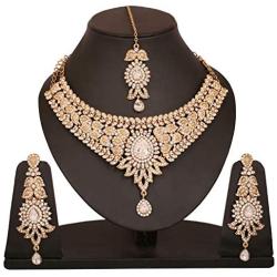 Touchstone Indian Bollywood Intricately Crafted Diamond Look Rhinestone Crystal Colorful Wedding Designer Jewelry Necklace Set in Gold and Silver Tone for Women.