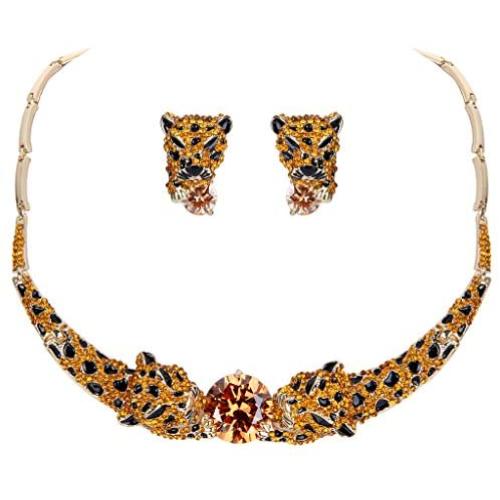 EVER FAITH Vivid Dual Leopard CZ Crystal Animal Necklace Earrings Set