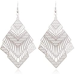 Boho Geometric Filigree Rhombus Shape Tiered Dangle Drop Statement Earrings