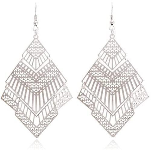 Boho Geometric Filigree Rhombus Shape Tiered Dangle Drop Statement Earrings