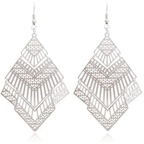 Boho Geometric Filigree Rhombus Shape Tiered Dangle Drop Statement Earrings Boho Geometric Filigree Rhombus Shape Tiered Dangle Drop Statement Earrings