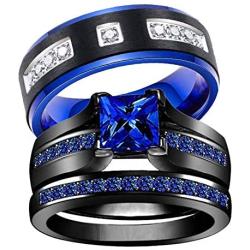 wedding ring set Two Rings His Hers Couples Rings Womens Black Gold Plated Blue Sapphire CZ Wedding Engagement Ring Bridal Sets & Mens Titanium Wedding Band