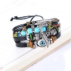 Punk Multilayer Evil Eye Leather Wrap Bracelet Turkish Amulet Feather Leaf Hand Braid Adjustable Wristband Bangle for Men Women Jewelry