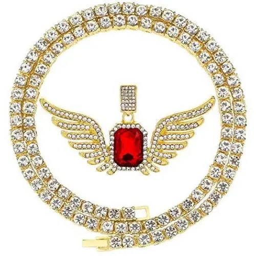 HH Bling Empire Iced Out Ruby Pendant Chain,Tennis Chain for Men in Gold Plated 24 Inches