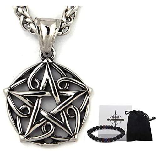 GUNGNEER Pagan Wicca Necklace Floral Patterns Pentagram Star Pendant Godness Protection Jewelry Stainless Steel Amulet