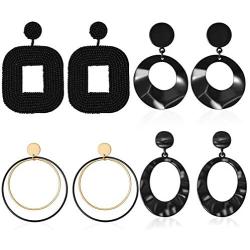 D EXCEED Womens 4 Pairs Large Dangle Drop Earrings Retro Geo Shaped Costume Hoop Dangle Earrings for Women Girls