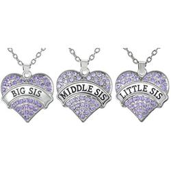 Set of 3 Big Sis, Middle Sis, Little Sis Purple Crystal Heart Matching Necklace Jewelry Gift Set for Sisters