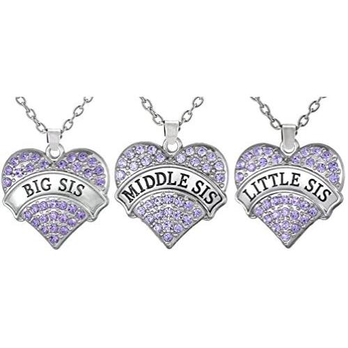 Set of 3 Big Sis, Middle Sis, Little Sis Purple Crystal Heart Matching Necklace Jewelry Gift Set for Sisters