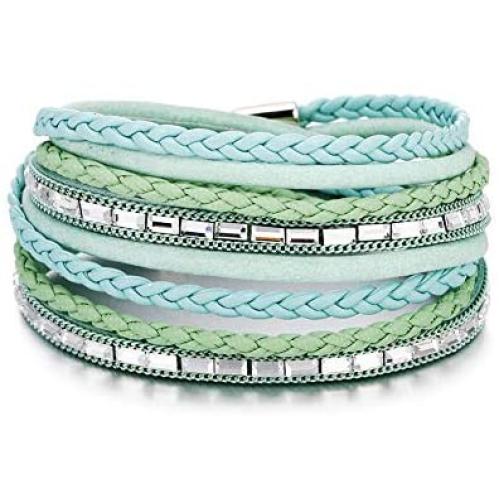 VONRU Leather Cuff Bracelets for Women - Charm Boho Handmade Braid Wrap Bracelets Wristbands Casual Braided Handmade Magnetic Bracelet Cuff