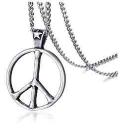 HUANIAN Stainless Steel Classic Peace Sign Love Hippie Pendant Necklace, 24 inch Chain