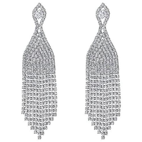 BriLove Womens Wedding Bridal CZ Crystal Beaded Tassel Fringe Chandelier Dangle Earrings