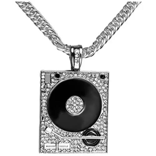 Xusamss Hip Hop DJ 18K Gold Plated Crystal Phonograph Tag Pendant Necklace with Chain Xusamss Hip Hop DJ 18K Gold Plated Crystal Phonograph Tag Pendant Necklace with Chain