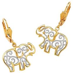 18K Yellow Gold Plated Two Tone Filigree Elephant Drop Earrings (38x17.5mm)