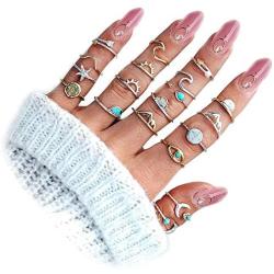 INENIMARTJ 44 Pcs Vintage Knuckle Rings Set for Women Stackable Boho Gold&Silver Finger Rings Bohemian Midi Rings Star Moon Wave Turquoise Evil Eye Rings for Teen Girls