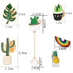 Cute Enamel Lapel Pin Set, 6pcs Cartoon Brooch Pin Badges for Clothes Bags Backpacks - Rainbow Cactus Succulent Leaves Pineapple