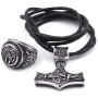DUTO Viking Combo Bear Paw Ring & Mjolnir Thor Hammer Necklace Adjustable Cord Chain Stainless Steel Jewelry Mens Womens