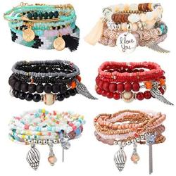 YADOCA 6 Sets Bohemian Stackable Bead Bracelets for Women Boho Stretch Multilayered Bracelet Set with Charms Colorful Jewelry Set