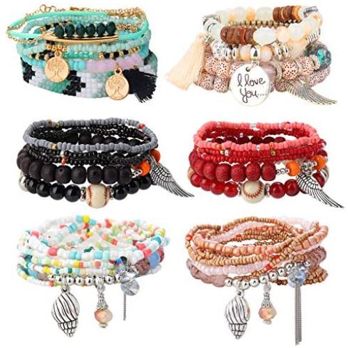 YADOCA 6 Sets Bohemian Stackable Bead Bracelets for Women Boho Stretch Multilayered Bracelet Set with Charms Colorful Jewelry Set