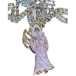 Shop-iGold Men Women 925 Italy Finish Iced Santa Muerte Charm Ice Out Pendant Stainless Steel Real 2 mm Rope Chain Necklace, Mens Jewelry, Iced Pendant, Rope Necklace