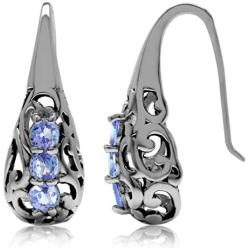 Silvershake 3 Stone Genuine Tanzanite 925 Sterling Silver Victorian Style Hook Earrings