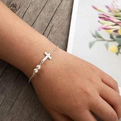 Adflyco Boho Cross Bracelet Silver Pearl Bracelet Hand Chain Jewelry for Women and Girls