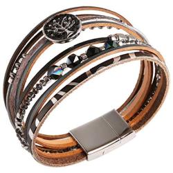 HZMAN Tree of Life Leather Cuff Bracelet Magnetic Rhinestone Small Steel Ball Multi Strand Wrap Bracelet Bohemian Jewelry for Women