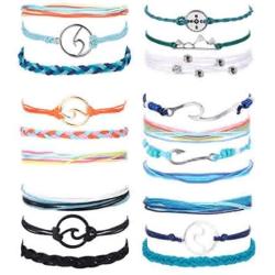 CASSIECA 19 Pcs Surfer Wave Strand Bracelet for Womens Mens Beach Wax Wrap Rope Bracelet Anklet Set Adjustable Friendship Handcrafted Waterproof Fashion Charm Jewelry